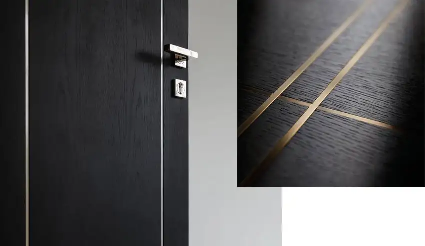 wood door with metal inlay