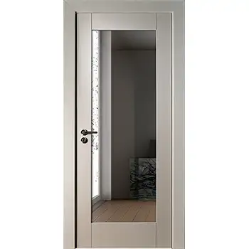 White interior closet full length mirror facing wood door