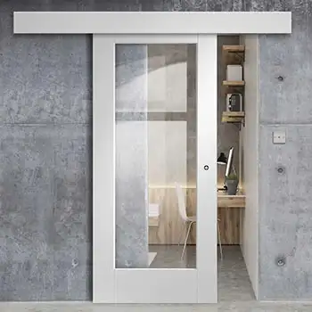 <font color='white'>Residential internal Bedroom modern white painted glazed wood surface mounted sliding door</font>