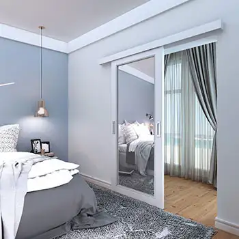 <font color='white'>Residential interior contemporary white painted mirrored wood surface mounted sliding door</font>