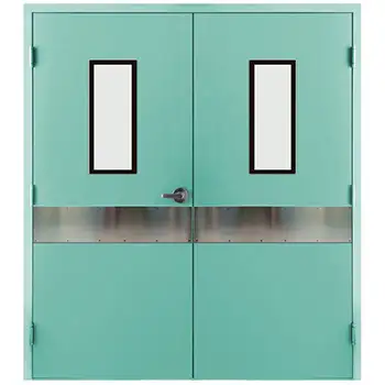Steel blue hospital corridor double doors with glass panel