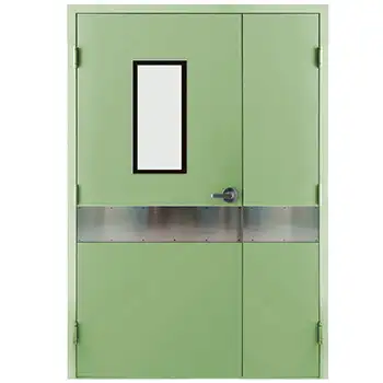 One & half green metal interior hospital room door with stretcher plate