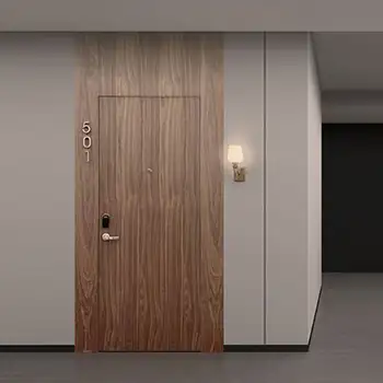 Flush to wall wooden trimless hotel room door