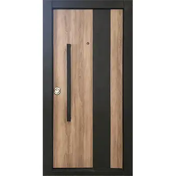 Home external entrance flush steel-wood armored door with metal inlay