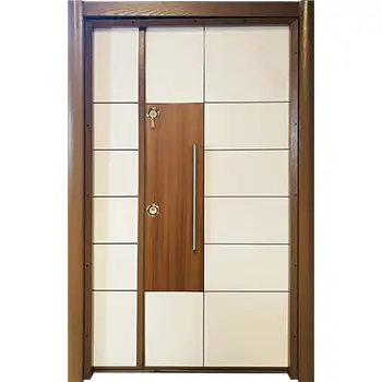 Residential exterior entrance contemporary brown painted grooved steel-wood armored door