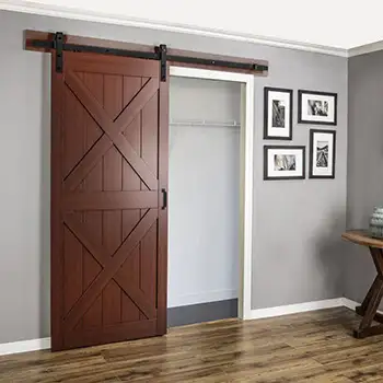 Rustic mahogany wood X plank barn sliding door