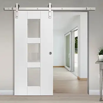 White wood 3 panel frosted glass barn door for bathroom