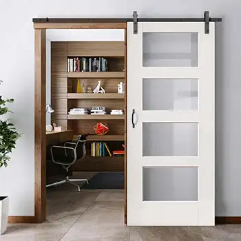 Wood white shaker style 4 lite frosted glass bathroom barn door