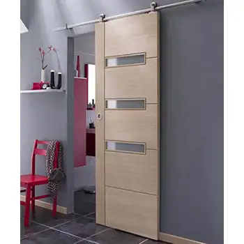 Solid wood three lite frosted glass barn sliding door