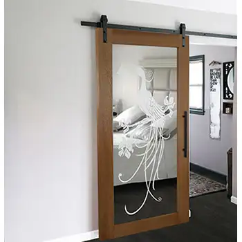 Bedroom wooden sliding barn door with mirror on one side