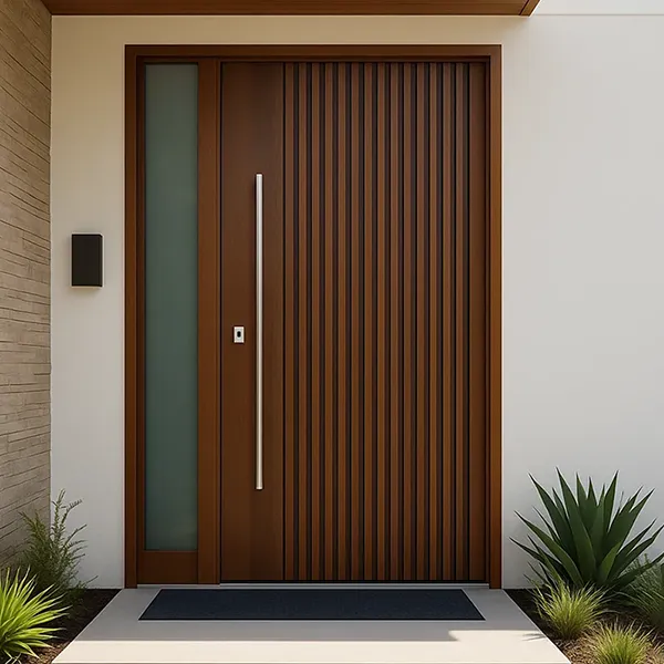 Residential exterior mahogany fluted wood entry door with sidelite