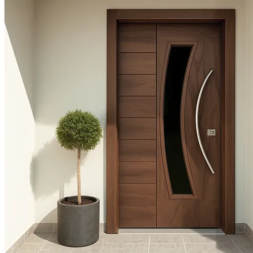 exterior solid walnut wood front door with c shape glass