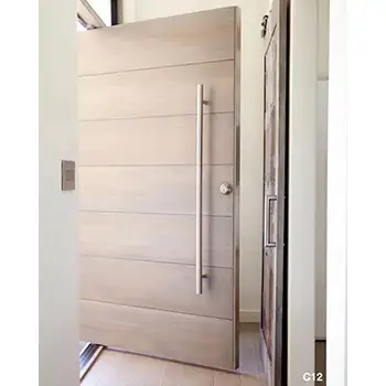 Solid wood horizontal tongue groove flush modern pivot entry door