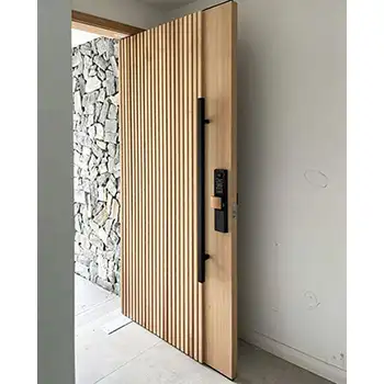 Modern exterior vertical batten solid wood pivoting entry door