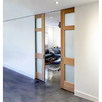 Internal floor to ceiling wood double sliding pocket door with glass