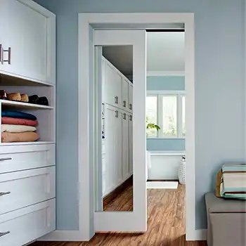 White wooden mirrored pocket sliding door for closets