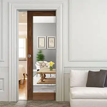 Walnut wood bedroom wall hidden sliding door with mirror