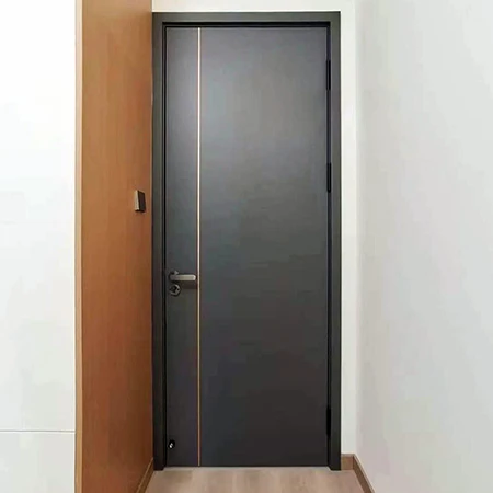Interior black flush wood door with metal inlay